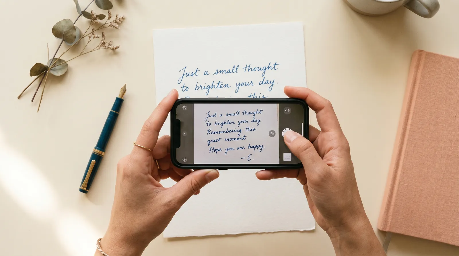 Hands photographing a handwritten note with a smartphone to analyze the handwriting