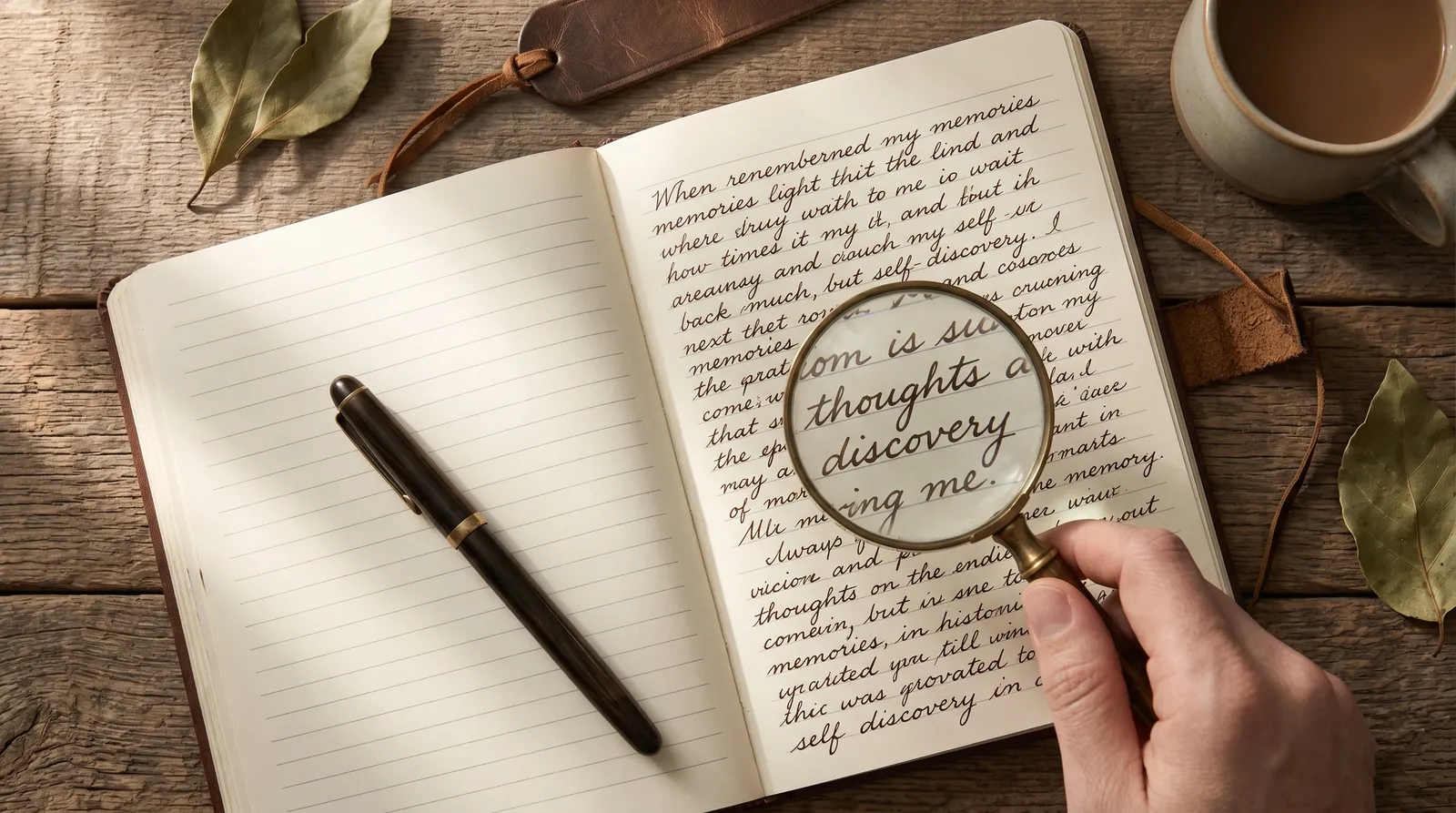 Une loupe posée sur une page manuscrite de journal, examinant l'écriture de près pour un test de graphologie