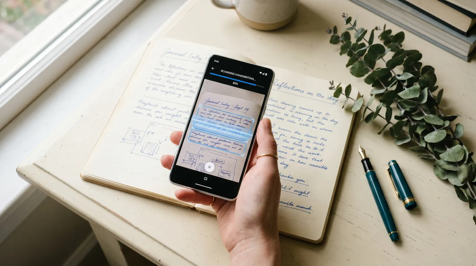 A smartphone running a handwriting analysis app, photographing a handwritten page