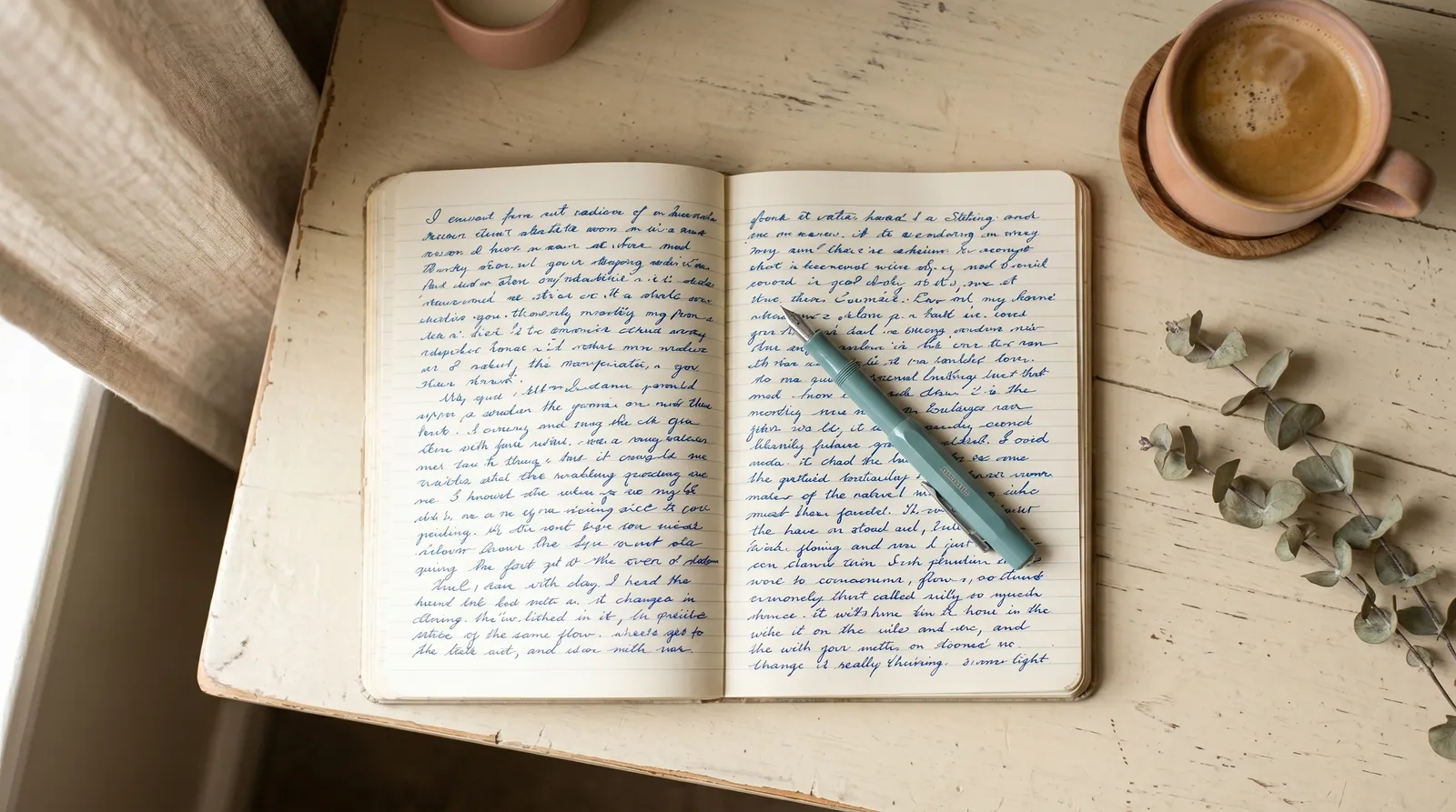 A handwritten journal page in blue ink, used to read personality traits from handwriting