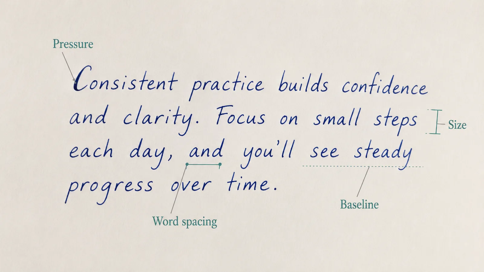 A handwritten note annotated to show pressure, letter size, word spacing, and baseline direction