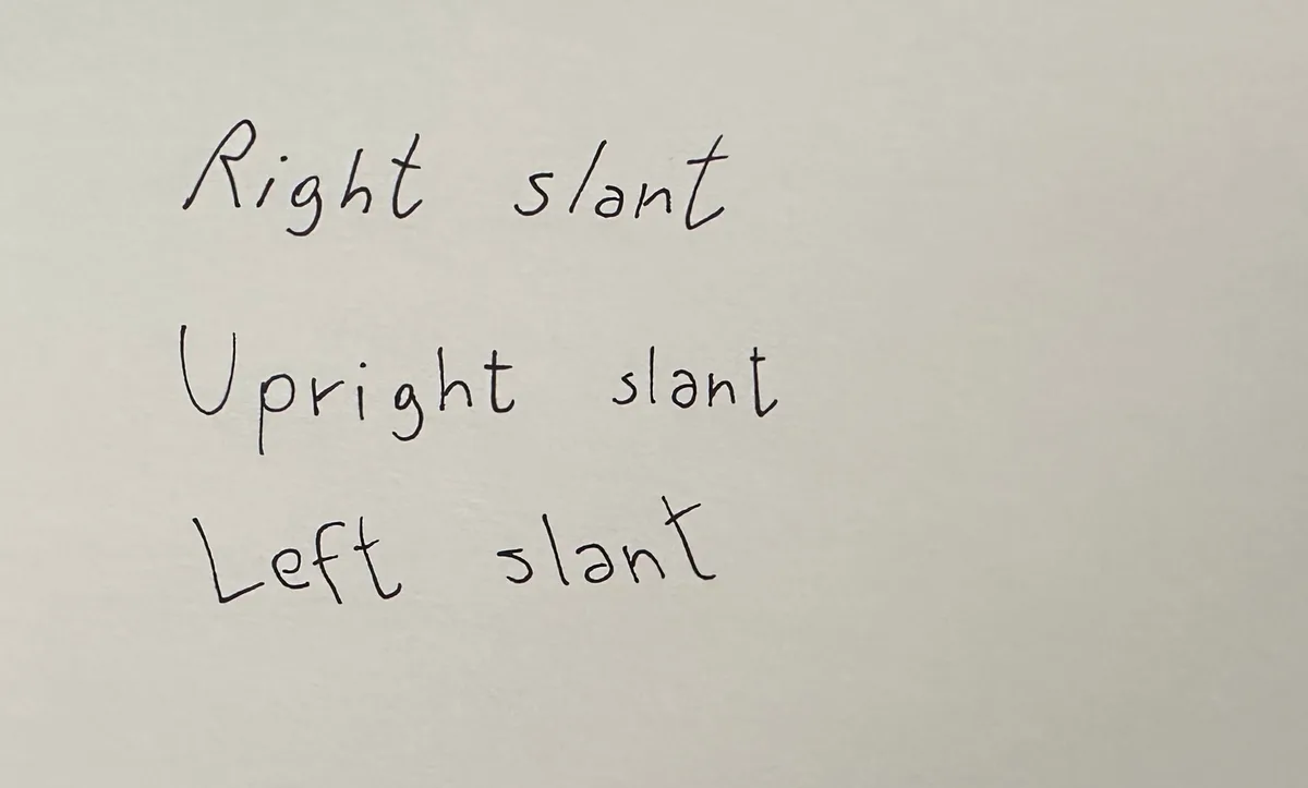 Handwriting reading Right slant, Upright slant, and Left slant, each phrase written in its own slant
