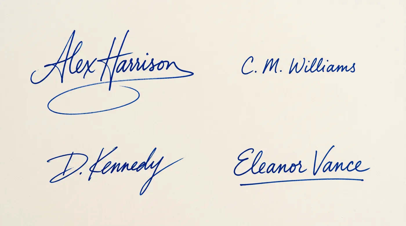 Four contrasting signatures in blue ink on cream paper: a bold name with an encircling flourish, initials with a surname, a first initial and surname, and a full name underlined