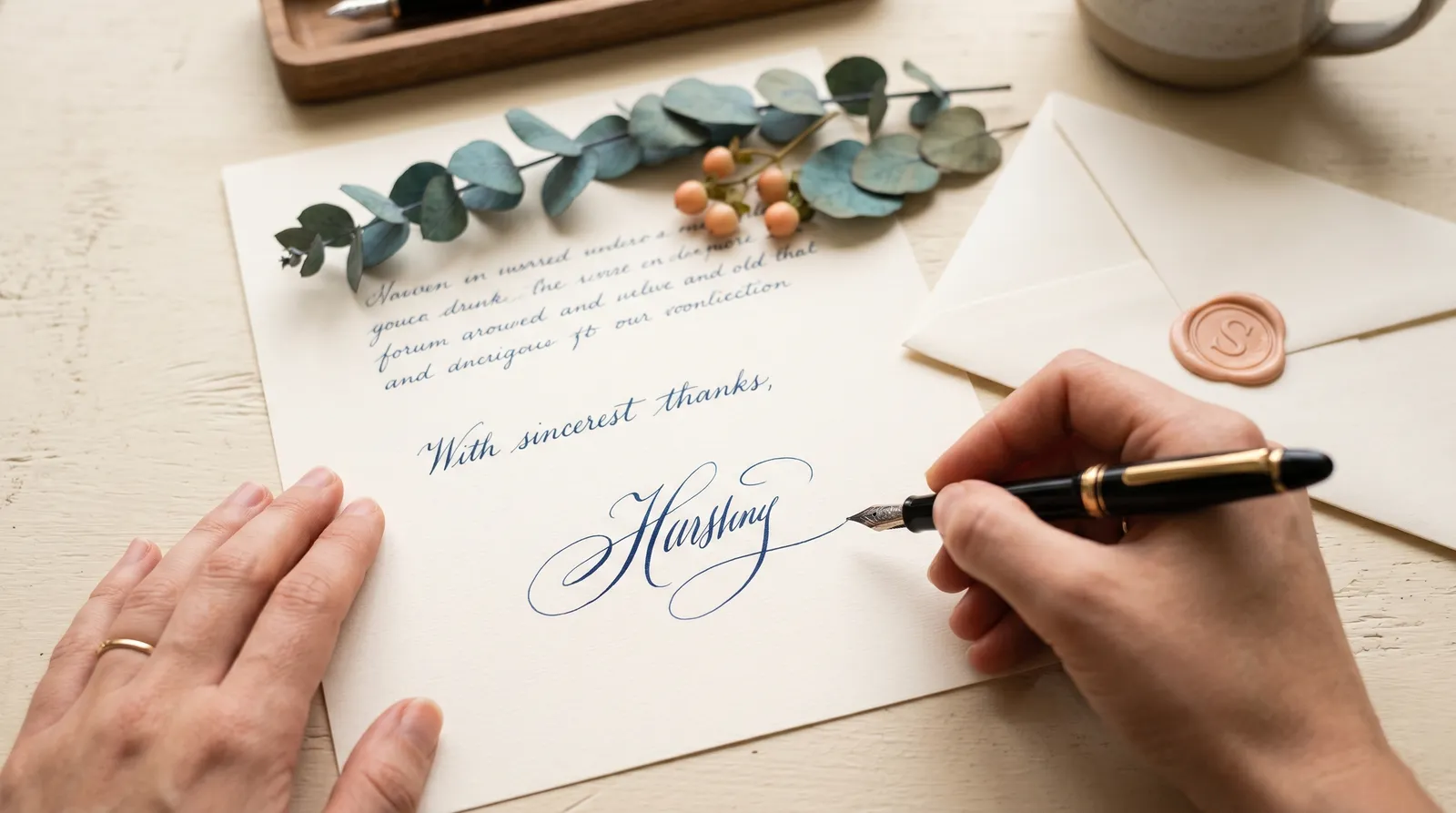 A person signing their name on paper with a fountain pen, photographed for signature analysis